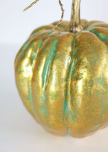 Load image into Gallery viewer, Autumn Decor Teal Gold Fake Fall Pumpkin - 7" Tall x 5.5" Wide

