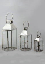 Load image into Gallery viewer, Set of 3 Decorative Silver Metal Candle Lanterns
